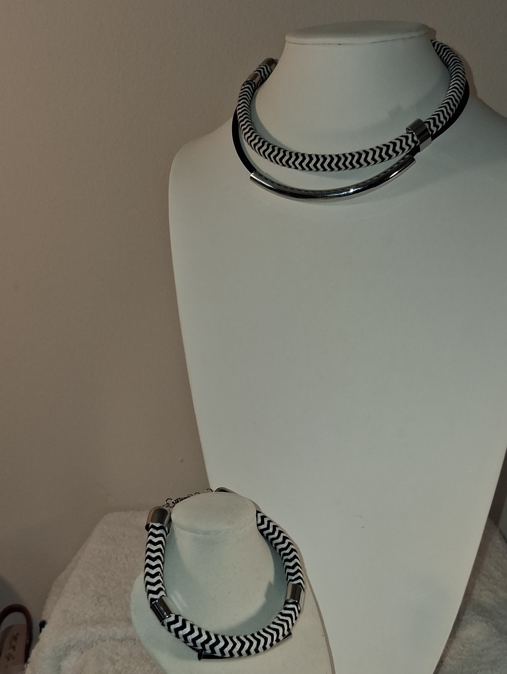 Black and White Chevron Rope Necklace and Bracelet Set